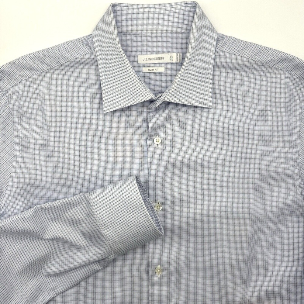 J.Lindeberg Dress Shirt Men 42 16.5 Blue Micro Check Slim Fit Bankers Twill